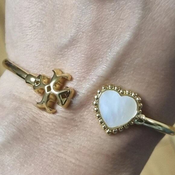 Tory Burch Mother of Pearl Heart Roxanne Cuff Bangle Bracelet - Picture 1 of 8